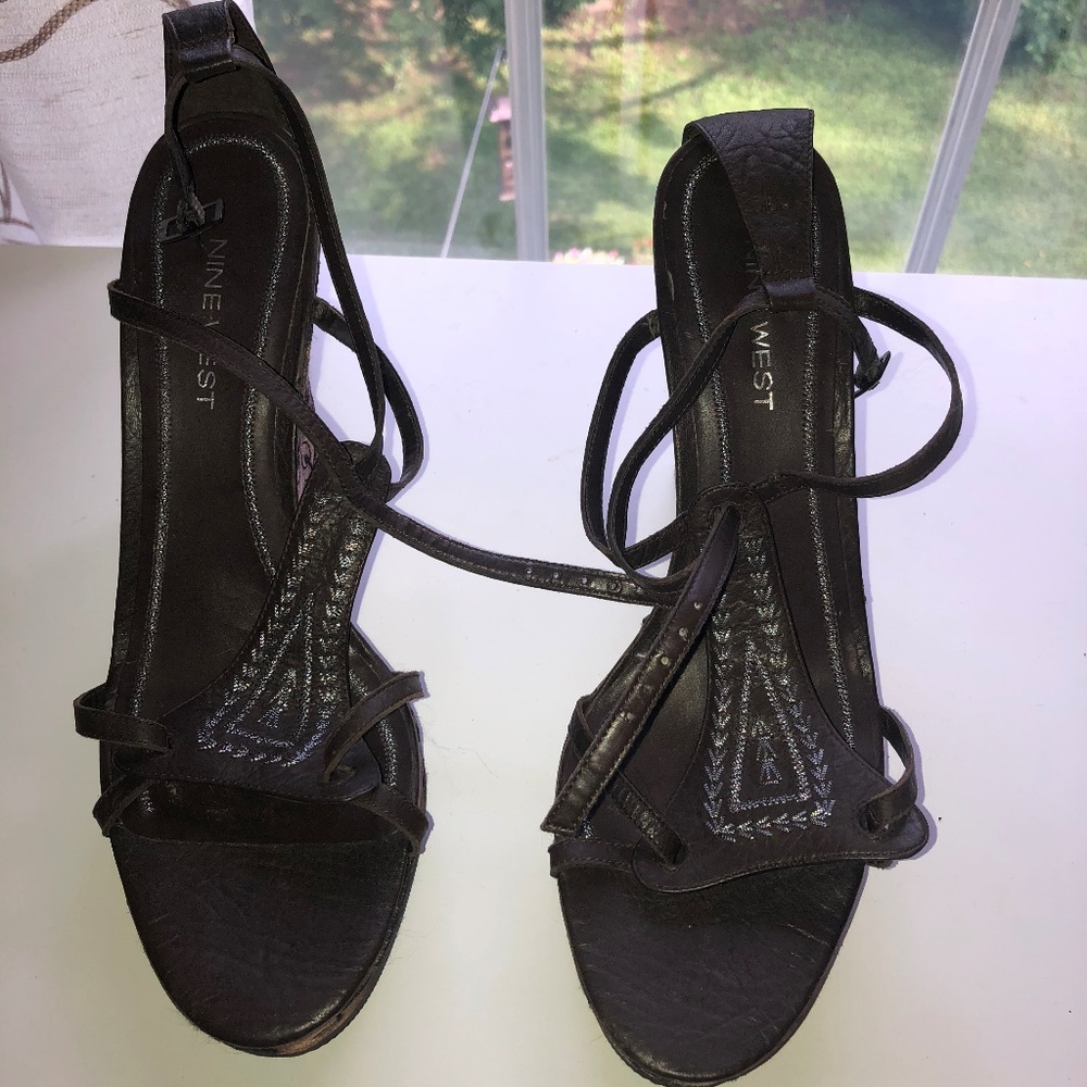 Brown Strappy Nine West Wedges w/gorgeous heel